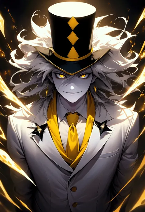 Man, white hair, spiky hair, yellow eyes, top hat, white suit with yellow tie, pale skin, sadistic smile, entity, illuminate, handsome man, charismatic, eyes with triangular pupils