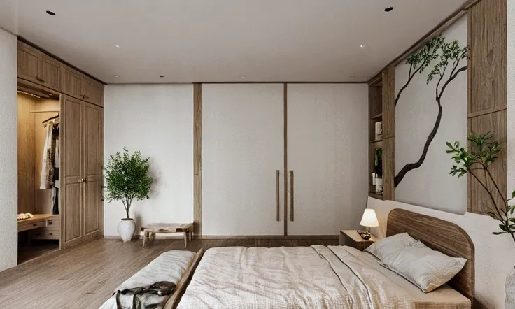 WASABI STYLE, (bedROOM : 1.5), RAW photo,Masterpiece, high quality, best quality, authentic, super detail, interior,white wall, Neutral color for furniture,natural wooden texture, japandi style, Realistic reflexes,realistic light , vray, tree in room