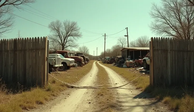 A cinematic film still of a rundown cluttered junkyard captured from outside the gate on an old dirt country road in rural Texas. There's a metal gate but it's broken, the 6 foot tall wooden privacy fence is old and rundown, along the property line there's...