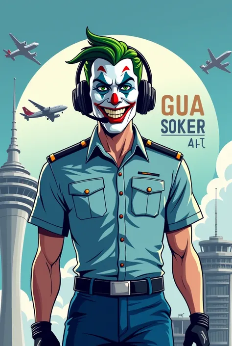 Futuristic logo design: The Joker, with headphones and microphone, is presented in front of a control tower, with airplanes and helicopters in the background.  GUASON ATC text is in a stylish, circular design. The Joker wears a light blue, short-sleeved mi...