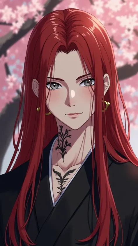 Realistic photo
24-year-old male 
dark red long straight hair 
Light gray eyes
Skin as white as marble
Gold hoop earrings.
 A tribal tattoo , below the left eye that goes up to the neck .
Wearing a black kimono.
Background with cherry trees.