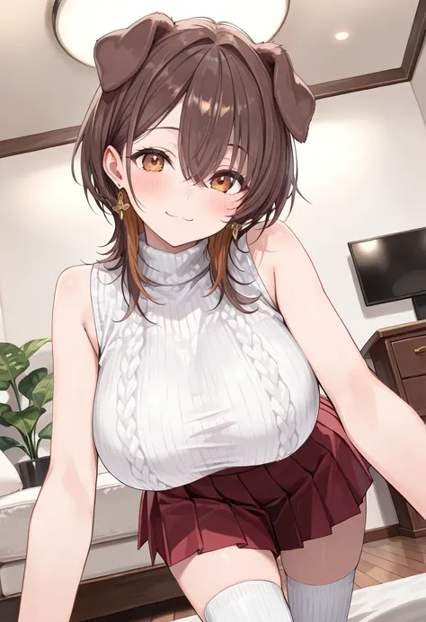 ( best quality , 8k , masterpiece , incredibly absurdres , beautiful woman , perfect body , super detailed skin , highly detailed eyes and face , 1 person ) , Inugami King , original hair color ,  brown hair  ,  dog ear , smile ,  will be happy , (  sleeve...