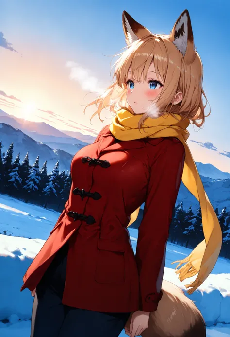 1girl, solo, dutch angle, light brown fox ears, blonde hair, blue eyes, beautiful detailed eyes, medium breasts, yellow scarf, red coat, black pants, light brown fox tail, parted lips, blush, (looking at the horizon: 1.2), outdoors, snowy, winter, wallpape...