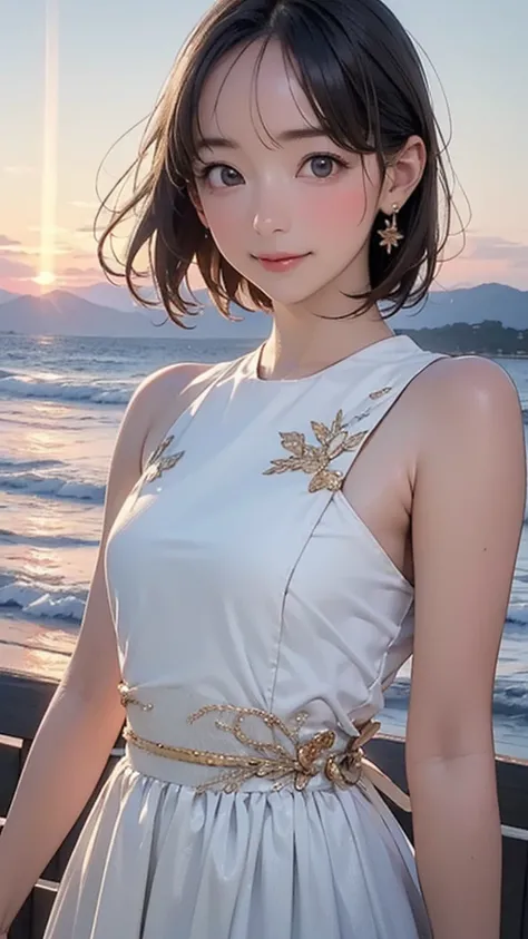 one girl, (12years old:1.4),(Very Young Face), (japan Person famous idol), face, cute face, ash gray hair:1.5, bob hair, short hair, camera's line of sight, small breasts, An ennui look, (dress:1.4) , particles of light, sea of ​​sunset, calm sea, white sa...