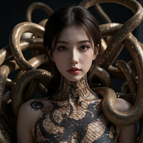 Realistic, live photo 8K quality, based on completely correct anatomy, a work of art, snake woman, a beautiful woman whose skin has a snake scale pattern, a snake queen, beautiful, surrounded by snakes, advanced lighting techniques.