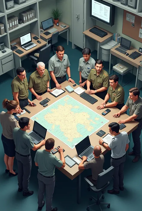 A realistic image in a room where there are several computers, a table in the center, on the table, a map and around the table, personnel dressed as civilians and soldiers.