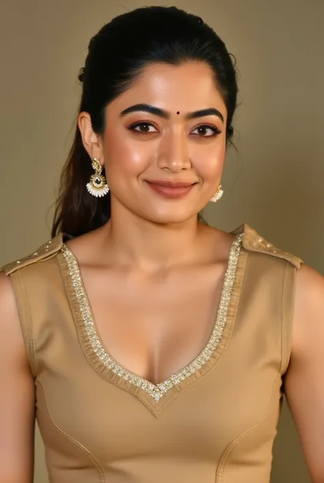 Gorgeous Rashmika Mandana is an indian police officer, confident bold expression, she is wearing a khakee police dress, hairs tied, gorgeous face and hairs, (best quality, ultra high resolution, sharp focus, 8k, golden hour), full body pic, upper button of...