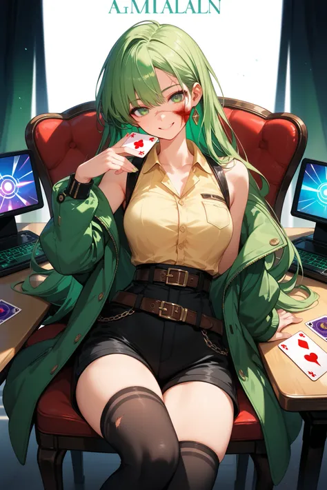 
4k anime style, Smooth anime CG, 8k anime, Best quality, High resolution,Superdetail,Perfect light,ager Anime, Long hair,emerald green hair, Emerald green eyes, medium chest, Beautiful waist, burn scars on face and body,scar,neutral,green jacket, collared...