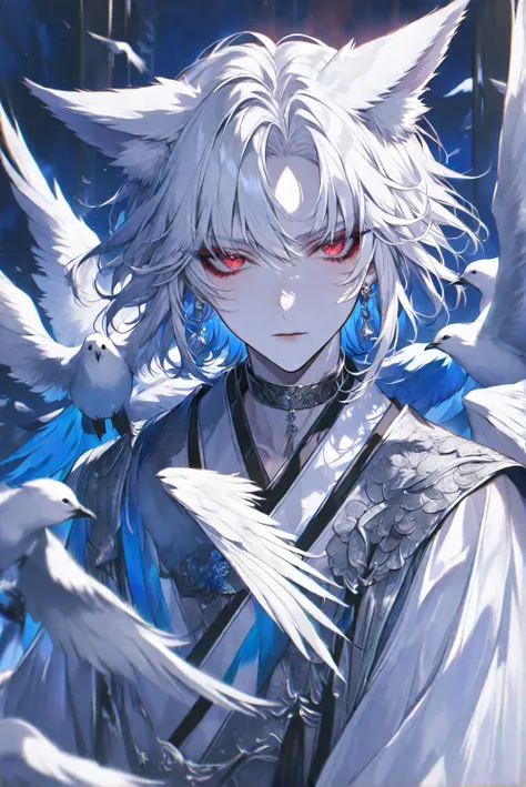 solo, handsome, 
1. male,
hime cut,Straight Hair,short Hair, 
White hair, 
Gojo Satoru, fox ears, 
red Eyes,Soft look,beautiful,beautiful,sexly,Darkness,Lots of silver earrings,choker,
White OVERsize パーカー,
White skin,bird,wing,
White background,