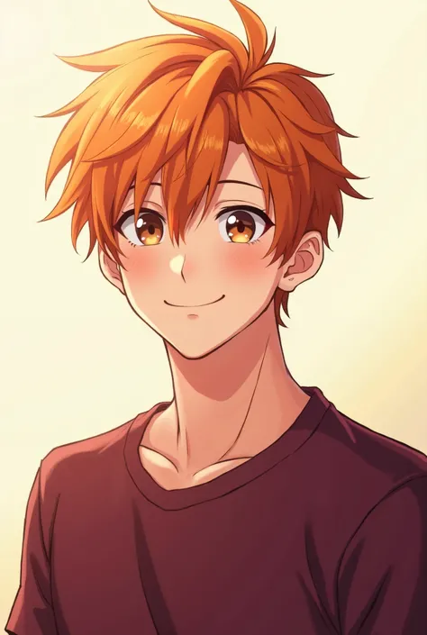 A vibrant anime-style illustration of a handsome man with tousled orange hair, with some strands softly covering part of his face. He has a gentle, warm smile—not too wide, but filled with kindness and charm. His dark brown eyes radiate a soft, happy glow,...