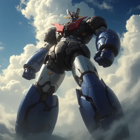 the huge Mazinger Z with its eyes shines and is full of power soars like a mountain, it's an 800-meter-tall giant standing in a forward position . god々Shiny cumulonimbus clouds shine Thick arms thick legs godか悪魔かわからない圧倒的迫力の巨大鋼鉄ロボットマジンガーZ natural light