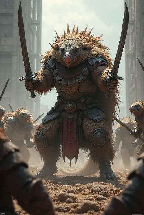 Beast-Warrior of the Citadel. A big, A powerful pangolin with fur armor and two swords wields its weapons against a horde of enemies.