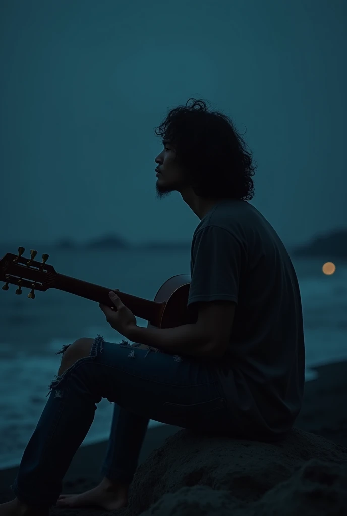 Foto realistic, indonesian man , long curly hair ,looking at the dark night atmosphere by the beach, sitting with his back to the camera ,On the sand  ,holding an old guitar,wearing a T-shirt and ripped jeans ,full body, Begron the beach is quiet in the da...