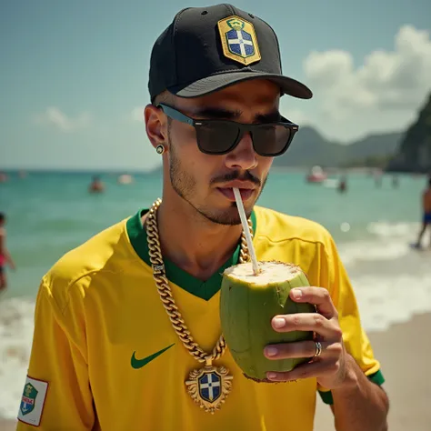 A fair-skinned TRAP singer wearing the jersey of the current Brazilian soccer team drinking coconut water with a straw in Rio de Janeiro wearing dark sunglasses from Oakley and wearing a thick gold cord with a large gold pendant from the Flamengo team's sh...