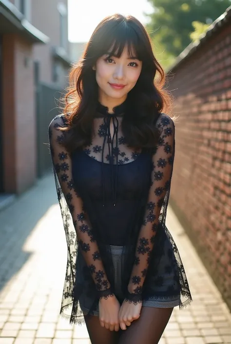 ＡJapanese woman with a very beautiful beauty like an actress
Leaning slightly forward in a playful, casual pose, a young woman is photographed on a quiet residential street. The setting suggests a suburban neighborhood or side street lined with brick build...