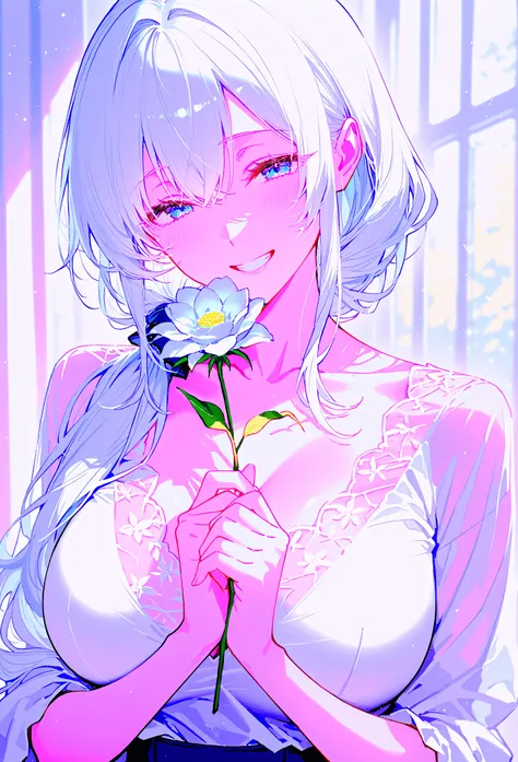 masterpiece, best quality, 1girl, white hair, smiling, looking at viewer, adult, fully mature, holding flower