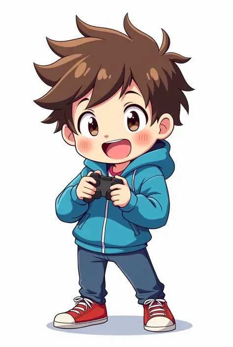 chibi, anime style, 2d, white background, gaming boy, blue jacket