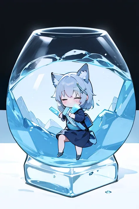 shiroko_bluearchive,full body,frozen in a huge ice cube, eyes closed, whole body in the ice