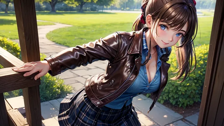 1girl, summer, trees, house, fantasy landscape, water, light brown hair, ponytail, large full breasts, dark blue eyes, ((brown leather jacket)), ((blue checked shirt)), ((unbuttoned shirt)), unbuttoning buttons, ((cleavage)), ((skirt)), smile, looking at t...