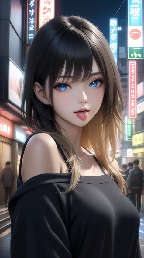 a beautiful girl with long black hair and blonde inner color, wearing a hoodie and off-shoulder top, winking and sticking out her tongue, in the night scenery of Shinjuku, (best quality,4k,8k,highres,masterpiece:1.2),ultra-detailed,(realistic,photorealisti...