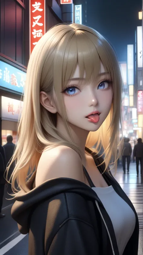 a beautiful girl with long black hair and blonde inner color, wearing a hoodie and off-shoulder top, winking and sticking out her tongue, in the night scenery of Shinjuku, (best quality,4k,8k,highres,masterpiece:1.2),ultra-detailed,(realistic,photorealisti...