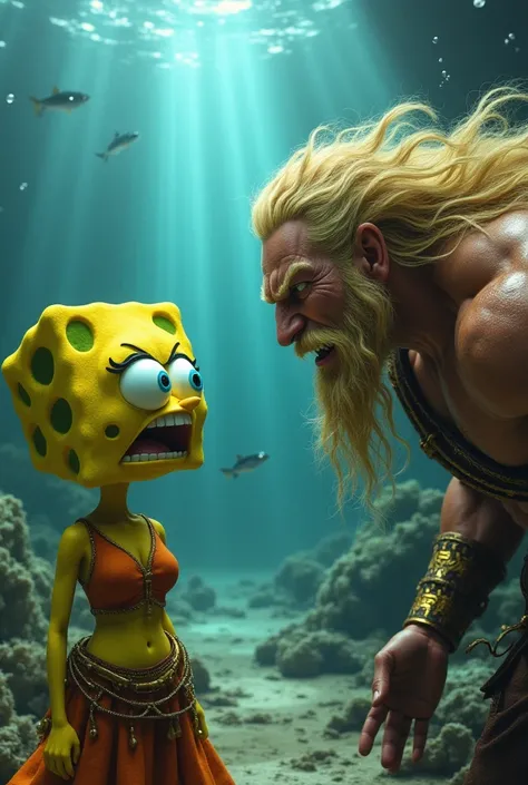  An anthropomic creature Yellow-bellied sponge girl with big, expressive eyes angrily stares at muscular aquatic warrior with long blond hair and golden armor.  Both are displaying intense expressions of anger ,  ready for combat .  The setting is an epic ...