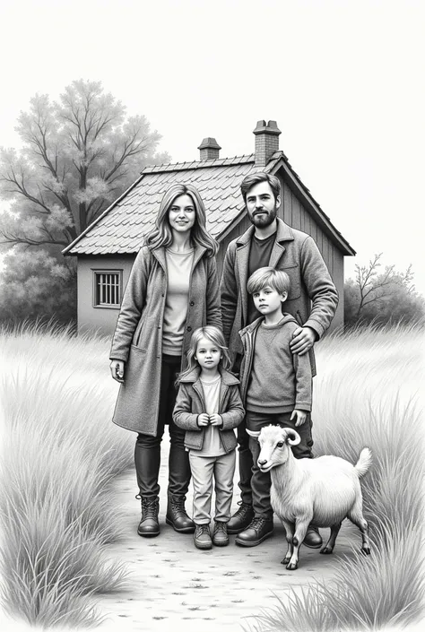  Draw a family in front of a cottage in the countryside.  The mother works in the hospital ,  the father is a teacher ,  wears a tweed jacket . They have 3 ren .  A  girl ,  a  female and a one-year-old male .  Next to a goat .