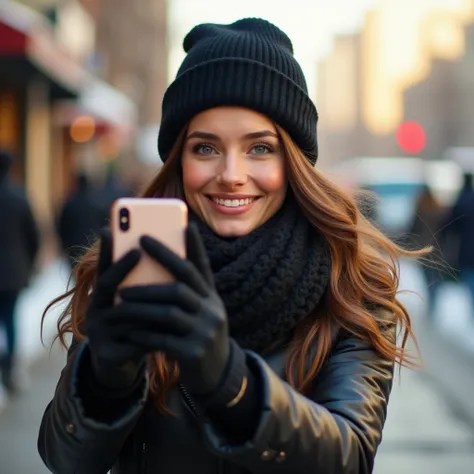 A beautiful woman with long brown hair, light eyes, smiling and happy, full body, dressed in jeans and shirt, a winter jacket and a black hat for the cold and black gloves, on the street, taking a selfie (best quality, 4k, 8k, highres, masterpiece: 1.2), u...