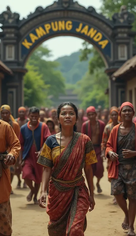 real picture of an indonesian woman in pursuit pursued by many fathers there is an archway with the inscription KAMPUNG JANDA village background