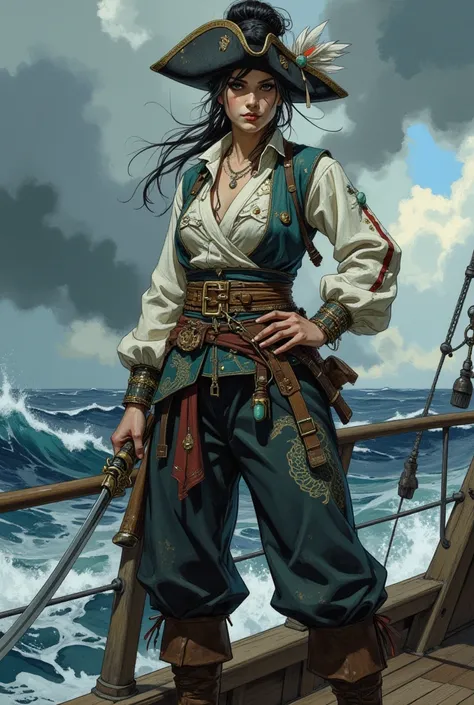 "An intrepid Chinese pirate woman standing confidently on the deck of a ship, framed by the vast ocean and stormy skies. She wears a practical yet elegant pirate outfit inspired by traditional Chinese clothing: a fitted tunic with intricate dragon embroide...