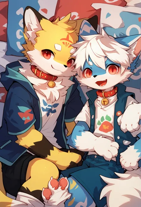  fox boy，furry boy， toddlers， yellow skin，White Arm， white hair ，short sleeve with blue jacket， shorts，Collar