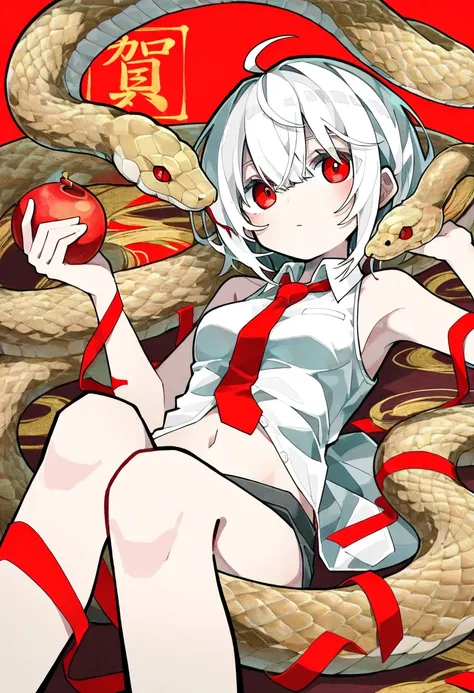 1girl, solo, breasts, short hair, bangs, shirt, red eyes, ribbon, navel, holding, hair between eyes, bare shoulders, closed mouth, white shirt, ahoge, white hair, small breasts, lying, necktie, sleeveless, collared shirt, on back, armpits, red ribbon, slee...