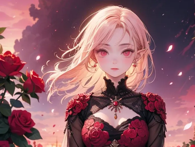 (masterpiece:1.2),( 1 girl),Elf,red cute dress, BEAUTIFUL DETAILED RED EYES , scene in the fantastic beauty of the , Add a dramatic and iconic element to the ,  pink blond hair,   gentle light spreads through a quiet environment ,  Delicate petals blend in...