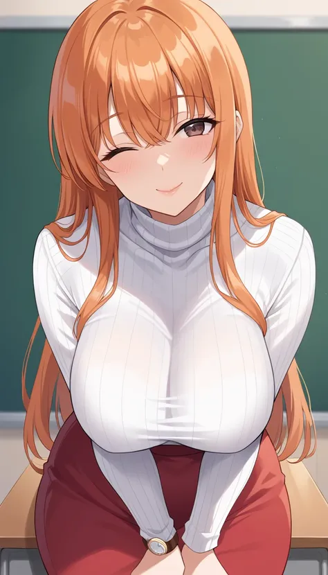 safe_Location,  score_9, Mature Woman,  orange hair,  long hair,  SWIPT BANGS,  1 girl in the best,  big size, Wide hips,  thighs,  white sweater from slightly above,   long sleeve  ,  turtleneck,  long skirt,  red skirt, Alone, classroom,  is standing, sm...