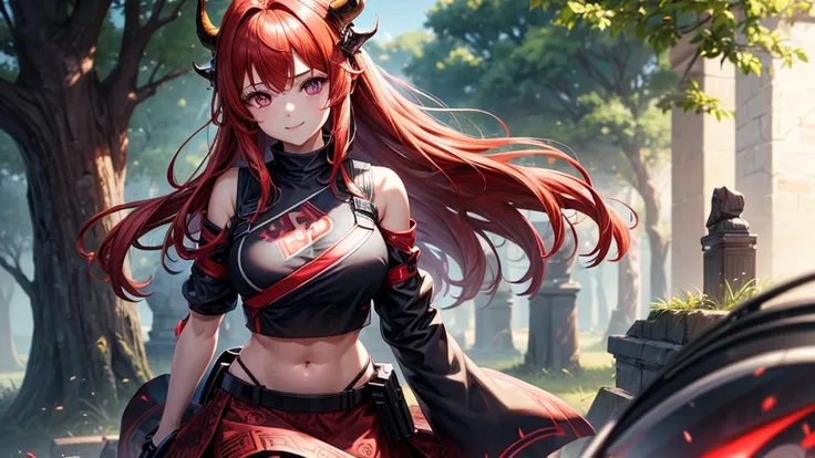 1girl, arknights, surtr, summer, trees, house, fantasy landscape, red strait hair, long hair, large full breasts, purple eyes, ((black crop top)), ((black and red pattern skirt)), smile, looking at the viewer, standing, walking, perfect quality, clear focu...