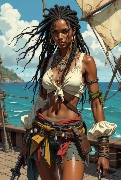 "A strikingly confident Black female pirate standing on the deck of a sunlit ship, surrounded by the vast expanse of a tropical ocean. She is adorned in lightweight, weather-worn clothing that allows freedom of movement: a cropped linen blouse with billowi...