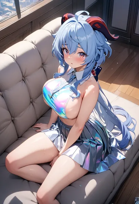 8k, masterpiece, best quality, ultra detailed, Ultra-high resolution, Highly detailed CG, break, 1girl, ganyu\(genshin impact\), kawaii, nsfw, big breasts, slender, (Iridescent Fluorescent school uniform:1.2), full body, indoors, sitting on sofa
