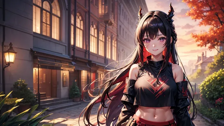 1girl, arknights, surtr, summer, trees, house, fantasy landscape, red strait hair, long hair, large full breasts, purple eyes, ((black crop top)), ((black and red pattern skirt)), smile, looking at the viewer, standing, walking, perfect quality, clear focu...