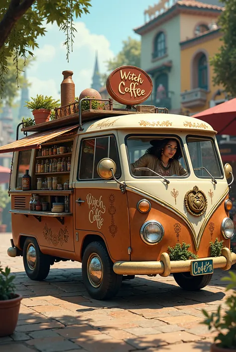 The van sells coffee with a logo that says “Witch Coffee and there is a bohemian witch as a coffee vendor sitting in the car.