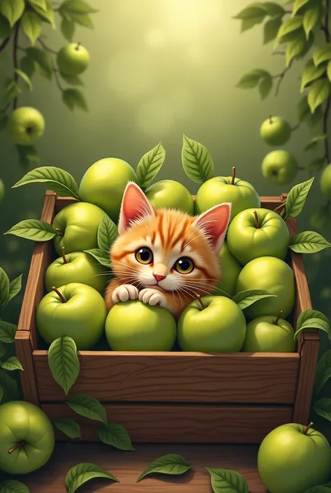 The cat is in a crate of green apples