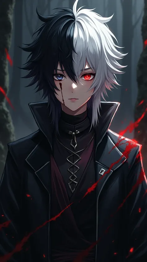  ANIME CHARACTER. With black and white hair with a scar and bleeding eye  