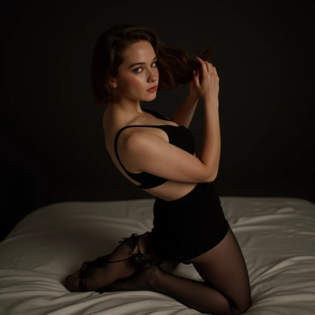 A photo of Cailee Spaeny in a black bra and short black pencil skirt, black tights, kneeling on a bed, posing, fixing hair