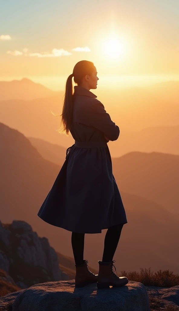 A fearless woman standing atop a mountain peak at sunrise, her silhouette glowing against the golden light breaking through the clouds. She wears a long, flowing trench coat in deep navy, paired with sturdy hiking boots. Her hair is tied back in a sleek po...