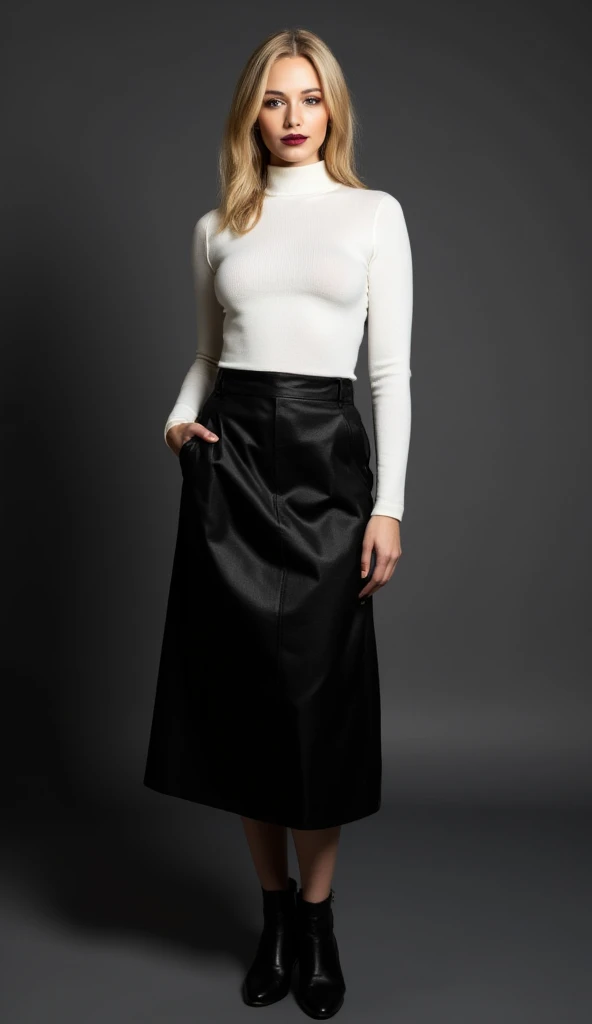 Realistic image of a gorgeous 45 years old lady with beautiful blonde hair.
She has wide hips, small waist, long feminine legs.
She is wearing a black sheer shiny nylon pantyhose, black high waisted skinny midi shiny satin skirt, white turtleneck sweater, ...