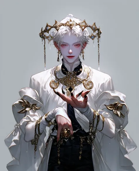 A male，  Long White Hair ，prince，vampire， with a sparkling crown ， slender, good-looking hands， long nails ，Look at the camera coldly ，Hands with diamond rings ，High-end， young and energetic， Good condition ，Very handsome脸瓜子脸，White luxury costume set ， gol...