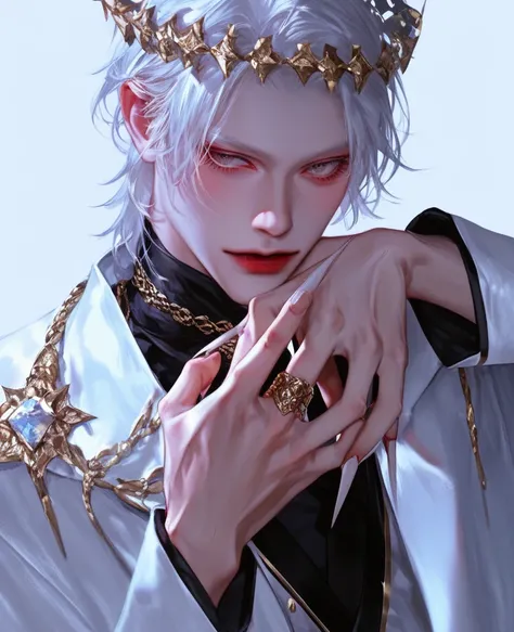 A male，  Long White Hair ，prince，vampire， with a sparkling crown ， slender, good-looking hands， long nails ，Look at the camera coldly ，Hands with diamond rings ，High-end， young and energetic， Good condition ，Very handsome脸瓜子脸，White luxury costume set ， gol...