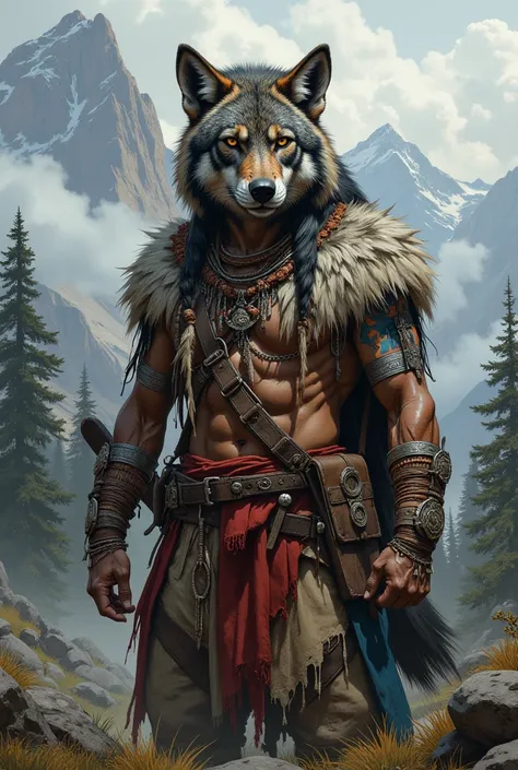 An Indian with wolf skin on his head  