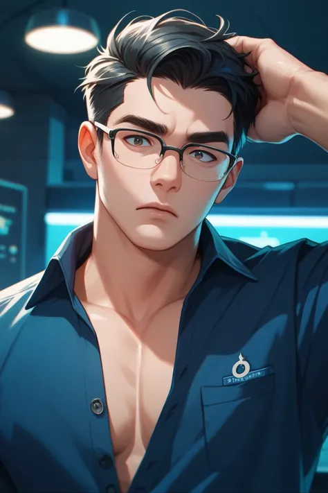 (1man) flustered and confused adult asian man with glasses and button up shirt in anime style. background is corner of space lab futuristic lighting.