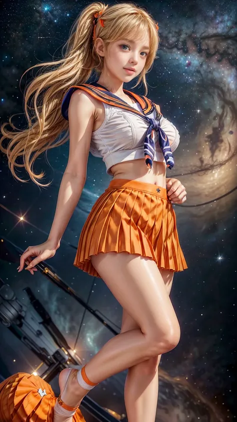 Masterpiece,Product quality,One girl,(front view),(well-proportion:1.3),Cowboy shot,(emphasis on thighs:1.4),(young beautiful Japanese woman,(perfect anatomy),Cosplayer,(Sailor Senshi uniform is very carefully made),( Venus and stars shining space backgrou...