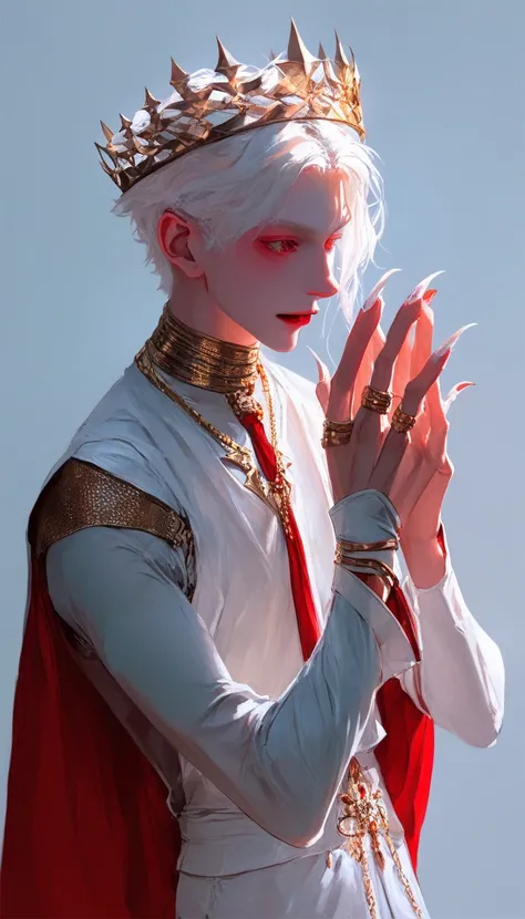 A male，  Long White Hair ，The red prince ，vampire， with a sparkling crown ， slender, good-looking hands， long nails ， looks into the camera with cold eyes，Hands with diamond rings ，High-end， young and energetic， Good condition ，Very handsome脸瓜子脸，White luxu...